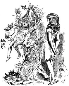A young girl looks at a boy swinging from a vine. Illustration by Harry Furniss in Caroll's Sylvie and Bruno