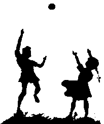 Two silhouetted children playing with a ball.