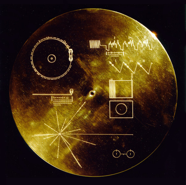 A golden disk etched with diagrams showing how to play it, as well as a map of Sol relative to nearby pulsars.